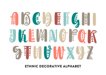 Vector color brush pen handwritten uppercase alphabet decorated with ethnic ornaments