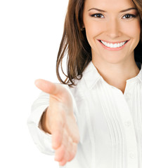 Businesswoman giving hand for handshake, isolated