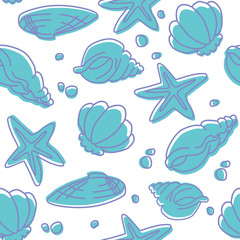 Seamless pattern of seashells and starfishes