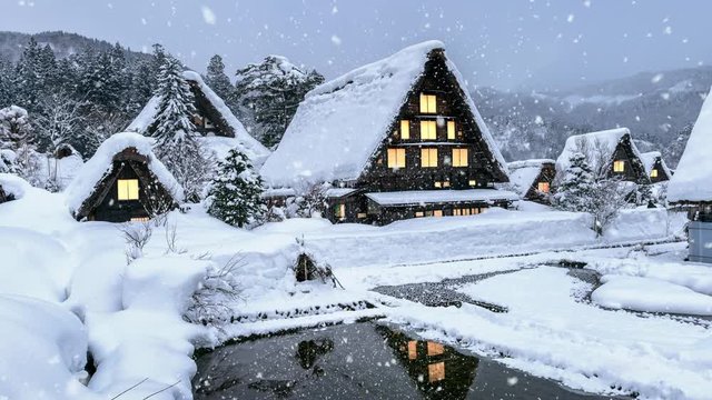 Snowfall in Shirakawago village in winter, UNESCO world heritage sites, Japan.