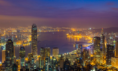 Hong Kong, China - April 8, 2018 - View From The Peak ,Night Skyline of Hong Kong in China.