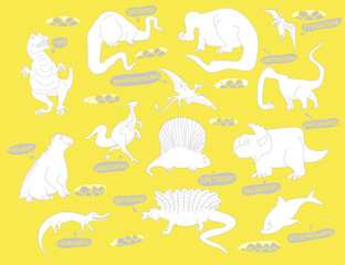 Postacie Dino. Śliczne śmieszne dinozaury wektor zestaw ilustracji na białym tle. Ilustracja dla dzieci, chłopców, dziewcząt, t-shirtów, ubrań, gier, kart. - 240250511