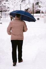 man walking trough park with umbrella in the snow