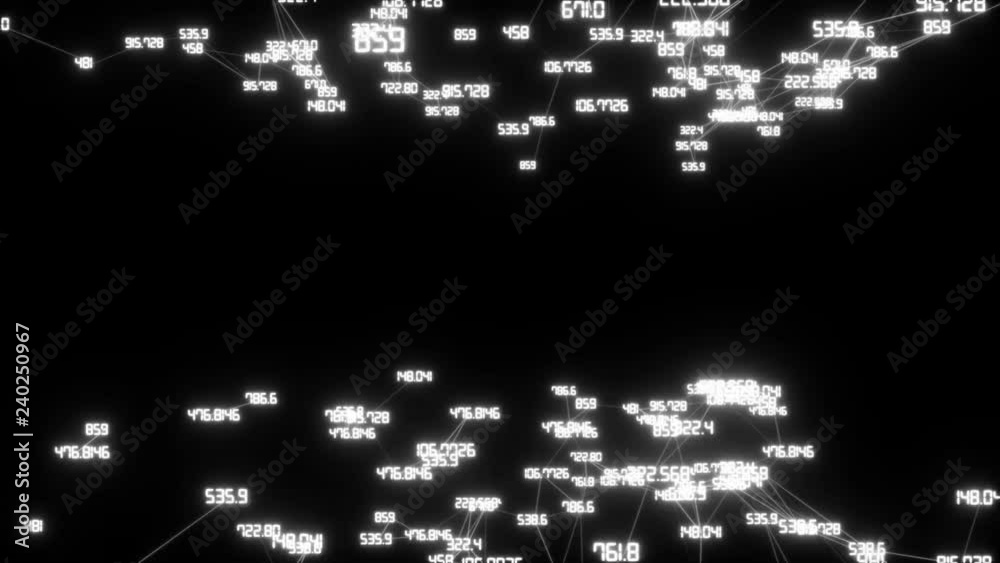 Poster running on camera numbers.digital data points network loop.dark background, rotating flickering whit