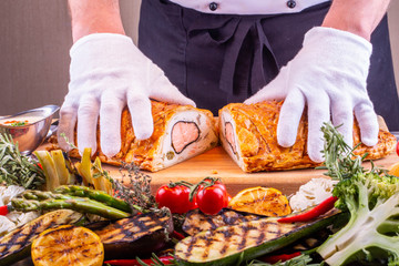 Fish pie in a section