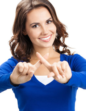 Young woman with stop gesture, isolated