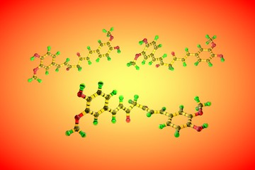 Molecular structure of curcumin, molecule produced by turmeric roots (curcuma), E100. Healthy life concept. Scientific background. 3d illustration
