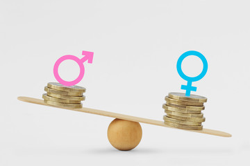 Male and female symbols on piles of coins on balance scale - Gender pay gap concept