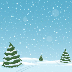 Winter play with snowdrifts, fir trees and falling snow.