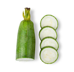 sponge gourd or luffa with slice isolated on white background. top view