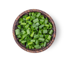 onions slice in wood bowl on white background. top view