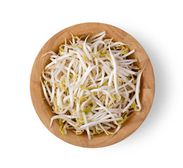 beansprout in wood bowl isolated on white background