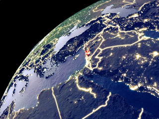 Fototapeta na wymiar Satellite view of Lebanon on Earth with city lights. Extremely detailed plastic planet surface with real mountains.