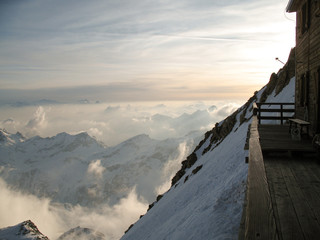 view from the balcony of the Capanna Regina Margherita on the Punta Gnifetti mountain peak in the...