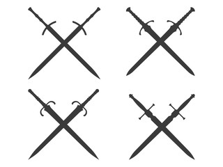 Crossed knight swords isolated on white background. Swords silhouettes. Vector illustration