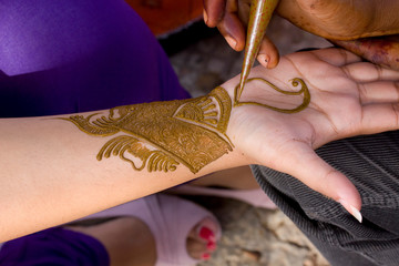 applying henna on hand, Hindu wedding ,Rajasthan, India