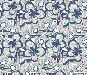 Seamless abstract pattern with hearts and butterflies. 