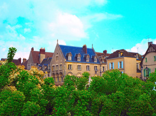 Fototapeta na wymiar monastery Notre Dame Street in Chartres in Eure et Loir department of Loire Valley, France. spring in a Chartre, green plants in the city