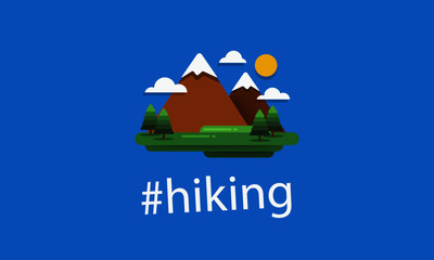 Fototapeta premium Hiking Hashtag with Mountains With Trees Clouds and Sun Vector Flat Illustration
