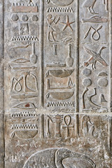 Ancient egyptian temple wall covered with hieroglyphics and imag