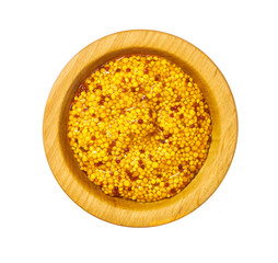Mustard sauce, wholegrain mustard in wooden bowl isolated on white background. Top view
