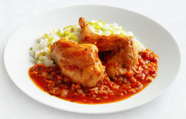 stewed rabbit with leek rice and vegetable sauce