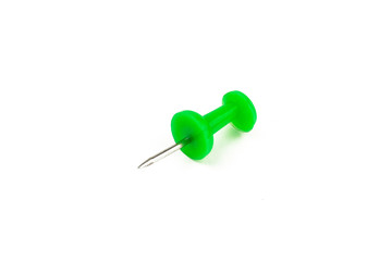 Metal pin, green pin on white background. Isolated.
