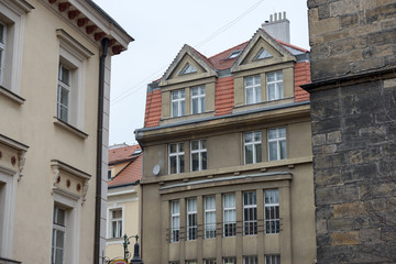 Fototapeta premium Old buildings on Petrska Street in Prague, Czech Republic.