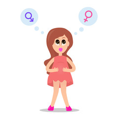 Сute young pregnant woman wondering about her future baby gender. It&rsquo;s a boy or girl quiz. 