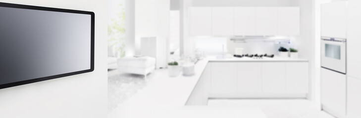 smart home automation control concept digital tablet screen on kitchen and living room background web banner and copy space template