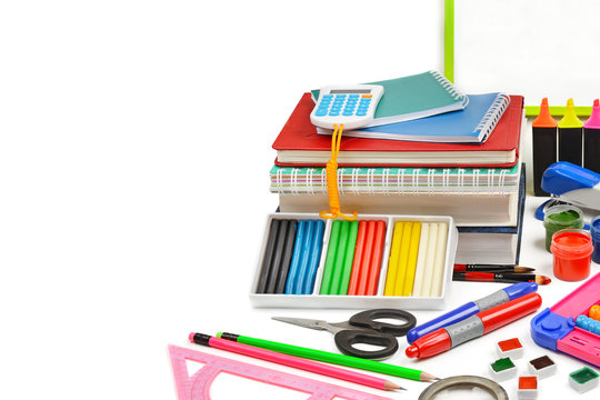 Set of school and office supplies isolated on a white background. Free space for text.