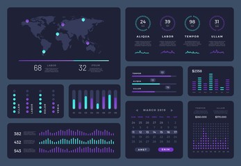 Intelligent infographic elements technology hud interface. Network data visualization vector design template. Screen with colored workflow, diagrams, timeline, marketing icons. Digital illustration