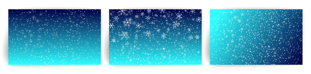 Snow background. Set of Christmas Greeting card design template for flyer, banner, invitation, congratulation. Christmas background with snowflakes. Vector illustration.