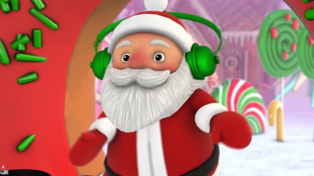 Cute dancing Santa DJ with turntables in a candy village. Seamless funny Christmas animation with fast camera movement.