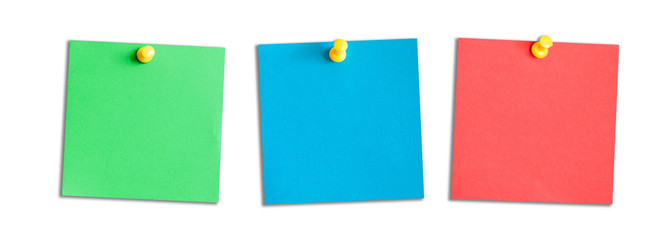 Three green, blue and red memo reminder cards isolated on white.