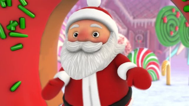 Cute Santa dancing hip hop in a candy village. Seamless funny Christmas animation.