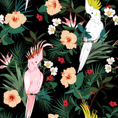 Tropische bloemenprint. Papegaaivogel in de jungle en bloemen in het donkere exotische bos allover design, naadloze patroonvector voor mode
