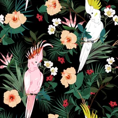 Fotobehang Papegaai Tropische bloemenprint. Papegaaivogel in de jungle en bloemen in het donkere exotische bos allover design, naadloze patroonvector voor mode