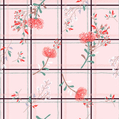 Pastel color seamless pattern spring branch delicate and beautiful wild blooming flowers vector pattern with dark check