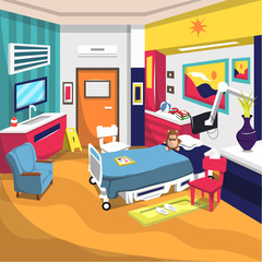 Clean Inpatient Rehab Room for Kids Hospital with Single Bed, Sofa, Patient Toys Dolls, Mirror and Wastafel for Cartoon Vector Illustration
