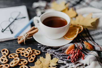 Autumnal flat lay with checkered warm scarf, hot cup of tea and fallen leaves. Top view still life representing autumn concept on white background with space for copy.