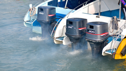 Ship engine speedboat which on the stern.