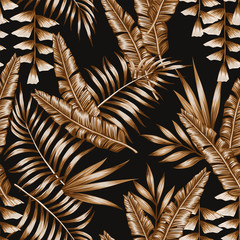Tropical brown leaves seamless pattern black background