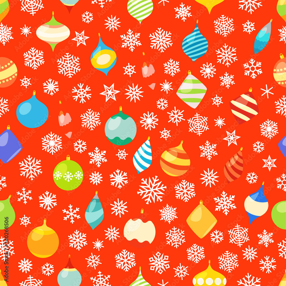 Poster seamless pattern with different christmas baubles and snowflakes.