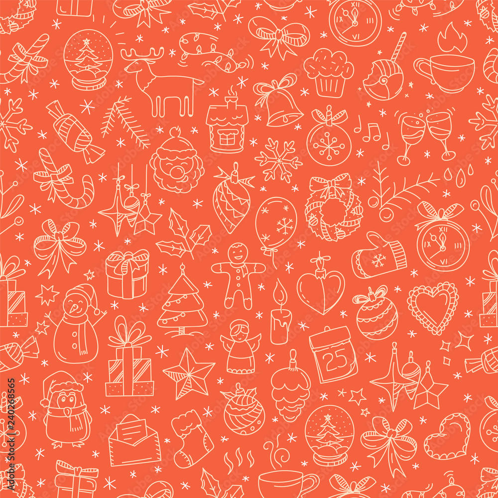Poster seamless pattern with winter elements in doodle style. coral color vector hand-drawn illustration