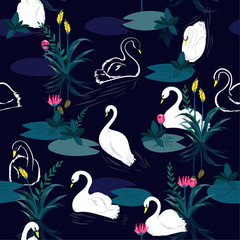 Seamless pattern of swans in the lake. Vector illustration.For fashion fabric and all prints