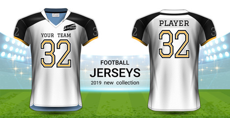 American Football or Soccer Jerseys Uniforms, Realistic Graphic Design Front and Back View for Presentation Mockup Template, Easy Possibility to Apply Your Artwork, Text, Image, Logo (Eps10 Vector)