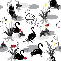Balck and white Seamless pattern of swans in the lake with red and yellow flower. Vector illustration.For fashion fabric and all prints
