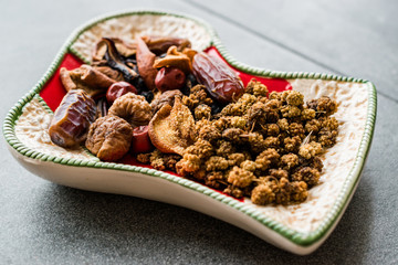 Various Dried Fruits Date, Fig, Mulberry, Apricot and Jujube Assortment in Selection Plate.