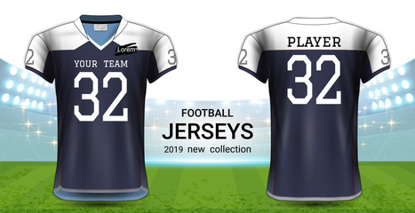 American Football or Soccer Jerseys Uniforms, Realistic Graphic Design Front and Back View for Presentation Mockup Template, Easy Possibility to Apply Your Artwork, Text, Image, Logo (Eps10 Vector)